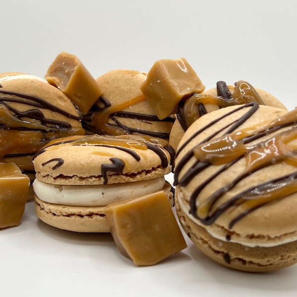 Salted Caramel French Macarons - 6, 12, 24+ - Salted Caramel Macaroon with Salted Caramel Buttercream and Homemade Gooey Caramel Center