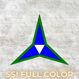 May include: A blue and green triangle with a white triangle in the centre. The text "SSI FULL COLOR" is below the triangle.