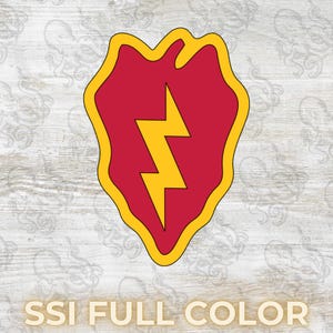 Könnte beinhalten: Ein rotes und gelbes Militärabzeichen mit einem gelben Blitz auf rotem Hintergrund. Das Abzeichen hat einen gelben Rand und den Text "SSI FULL COLOR" unten.