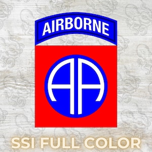 Puede incluir: Un parche rojo y azul con el texto "AIRBORNE" en un arco blanco sobre un círculo azul con una "AA" blanca en su interior. El texto "SSI FULL COLOR" está debajo del parche.