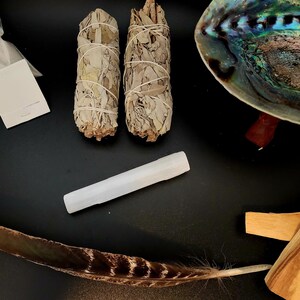 Large Smudging Kit, Smudging, Smudging Kit, Cleansing, White Sage, Turkey Feather, Selenite, Crystal, Palo Santo, Abalone, Stand, Sand