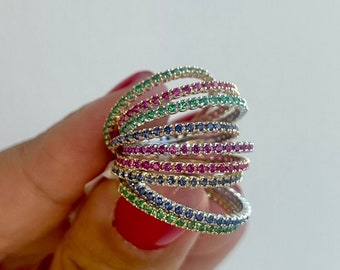14k gold colorful row ring with gemstones. special ring