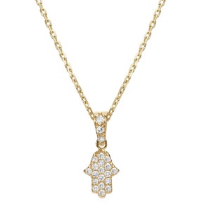 Diamond Hamsa Hand necklace in 14 gold with diamonds on the hanger, Hand of God necklace with natural diamonds, Hamsa Hand Ancient symbol