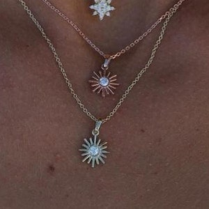 Colgante de Sol en Oro de 14k con Diamante Natural en el Centro / Collar con Colgante de Sol / Collar Minimalista con Charm de Sol
