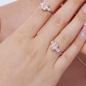Romantic 14k White Gold Pink Lab Diamond Ring with radiant diamonds on the sides