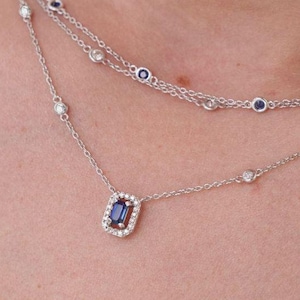 14k Gold Blue Sapphire Necklace with Diamond, Dainty Gold Chain, Emerald Cut Blue Sapphire.