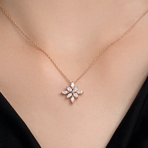 Exquisite 14k Gold Flower Pendant Necklace with Marquise Diamonds - 1.00 Carat Total