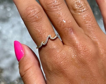Diamond Wave Ring, 14K Gold Ocean Tide Current Band, Wave Surfer Surf Ring, Dainty 2 Wave Ocean Lover Gift. row ring.