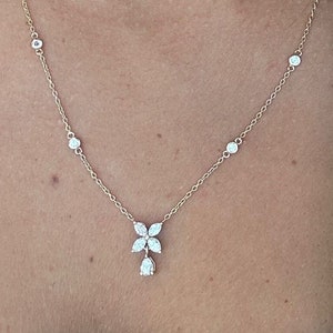 Elegant 14K Gold Marquise Diamond flower Necklace - 0.70 Carat Total