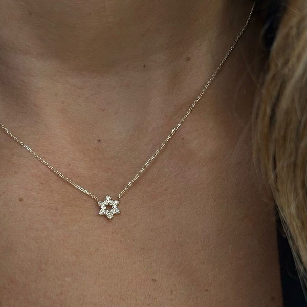 Small and dainty diamond Jewish Star Of David Necklace 14k Gold.