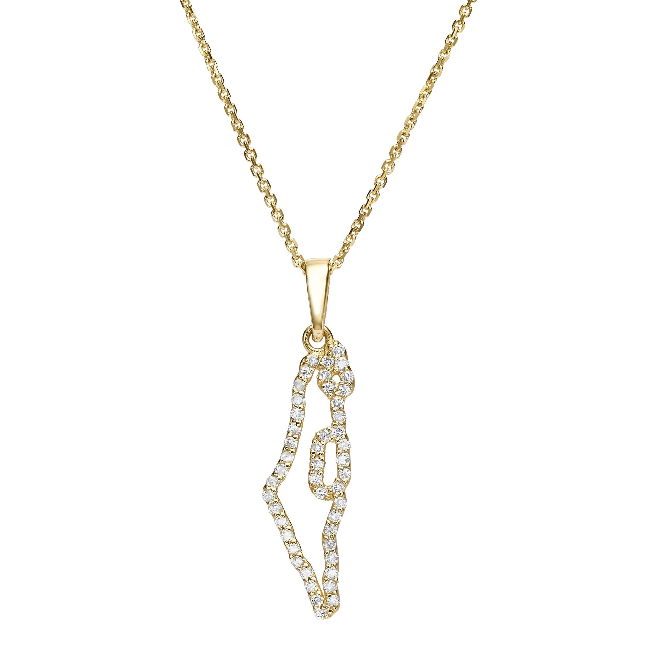 Israel Map Outline Diamant Halskette, Israel Map Halskette, 14K Gelbgold, 3 cm Länge, labbrium gewachsene Diamanten