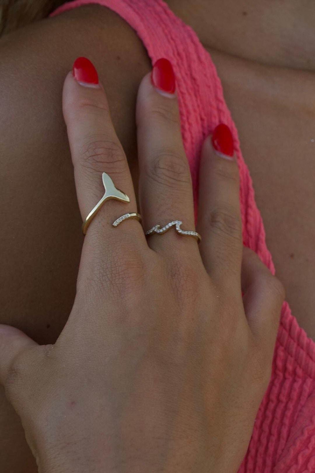 Fishtail Mermaid Ring 14K Gold Whale Tail Ring With Diamonds