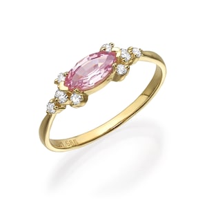 14k gold marquis cut pink gemstone engagement ring with natural diamonds, vintage style. vintage ring.