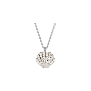 sea shell diamond necklace 14k gold hanging with a loop.
