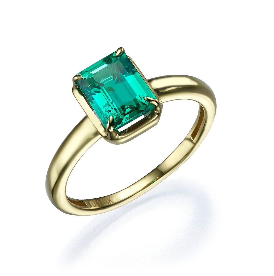 14K Gold Radiant Cut Green Emerald Gemstone Solitaire Ring Etsy