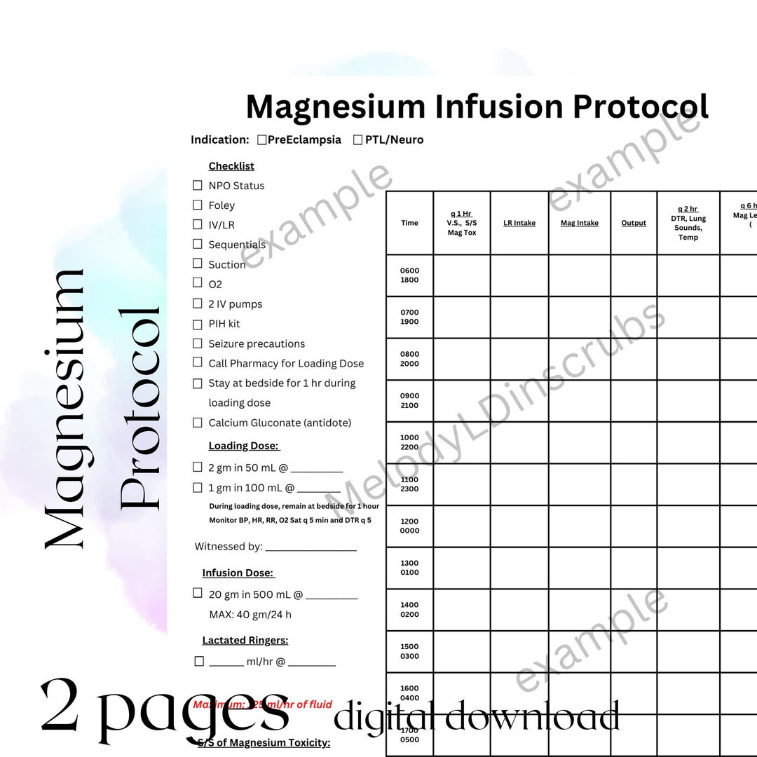 Magnesium Sulfate Protocol Sheet OB Nurse Magnesium Protocol Etsy