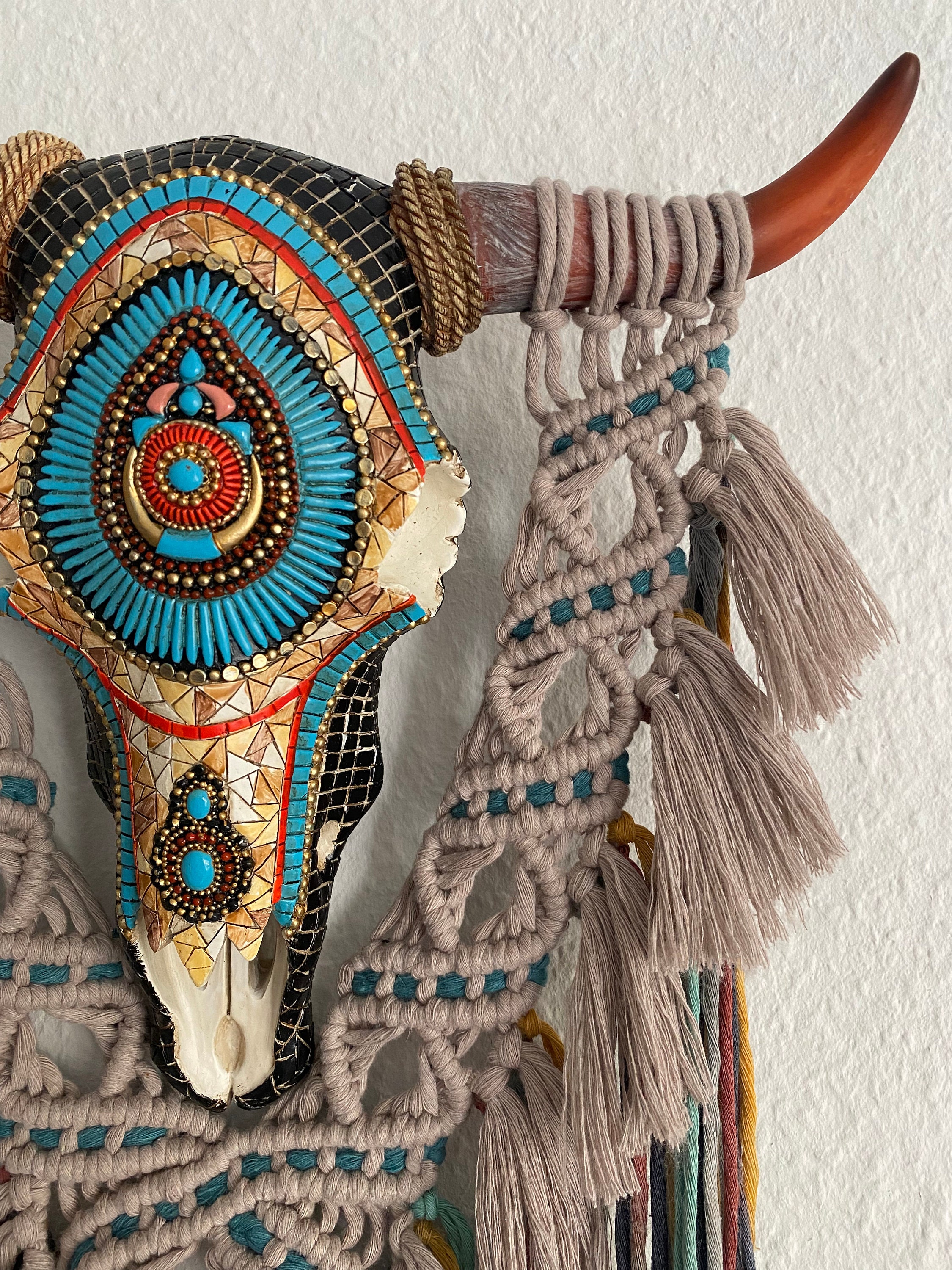 Bull Skull Macrame Wall Hanging Boho Skull Indian Style Artificial ...