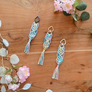 Macrame Unicorn Keychain Heart Carabiner Unicorn Rainbow with Pearl