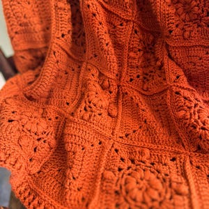 May include: Close-up of a handmade, orange crochet blanket. The blanket features a detailed pattern with textured stitches and floral motifs. The warm, inviting color and intricate design suggest a cozy, handcrafted item.