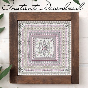 Green, pink and black Blackwork embroidery pattern in a wood frame with Instant Download text