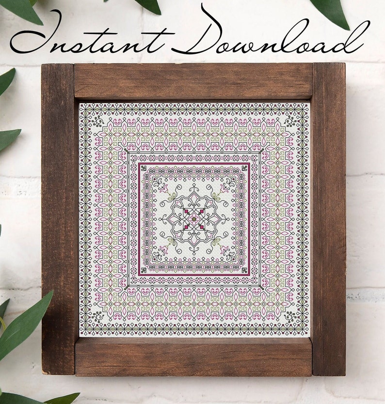 Green, pink and black Blackwork embroidery pattern in a wood frame with Instant Download text