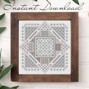 Teal, copper and black blackwork pattern in a wood frame with Instant Download text