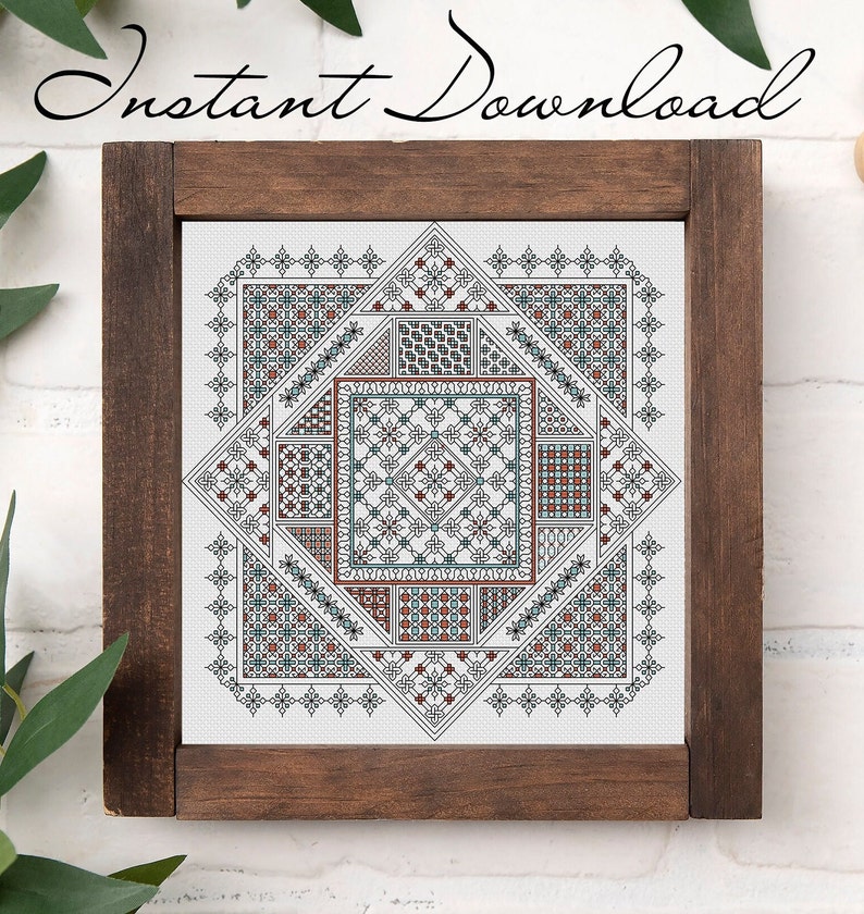 Teal, copper and black blackwork pattern in a wood frame with Instant Download text