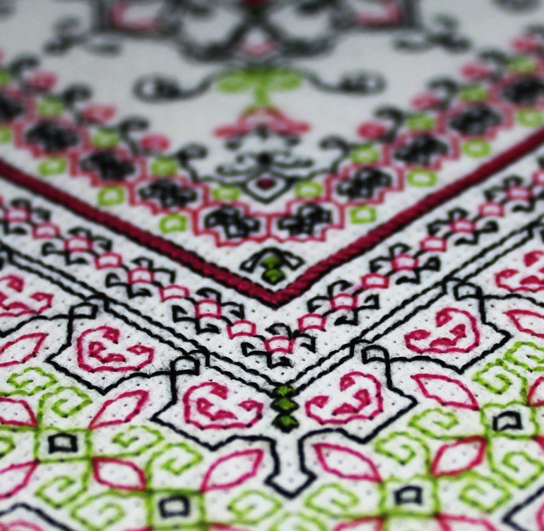May include: Close-up of a white fabric with a geometric pattern embroidered in black, pink, and green thread. The pattern features repeating shapes and lines, creating a symmetrical design.