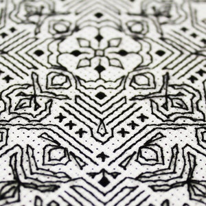 Könnte beinhalten: Nahaufnahme eines weißen Textils mit einem detaillierten, schwarz gestickten Muster. Das Design zeigt geometrische Formen, florale Elemente und gepunktete Akzente, wodurch ein symmetrisches und komplexes Design entsteht. Die Stickerei ist wahrscheinlich handgefertigt.