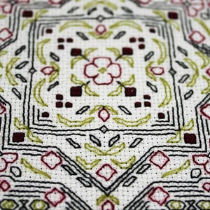 Puede incluir: Una tela blanca con un diseño bordado en negro y verde. El diseño presenta un patrón repetitivo de flores y hojas.