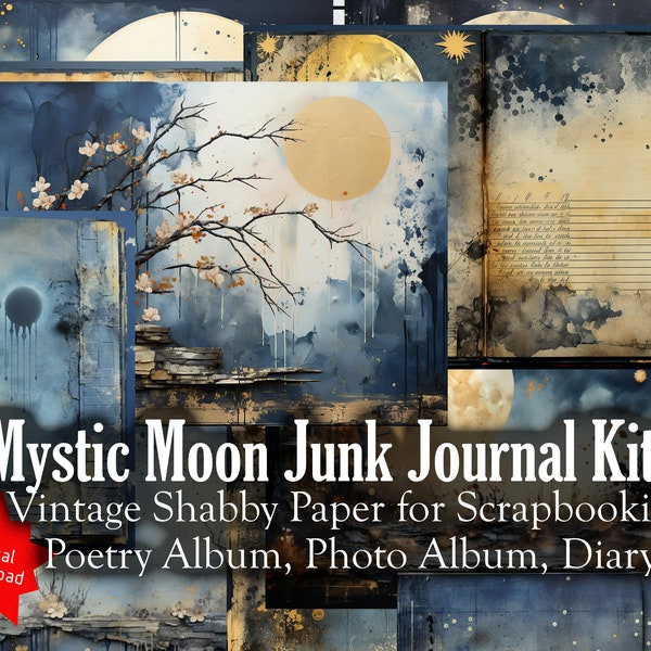 Mystic Moon Junk Journal Kit: Vintage Shabby Paper for Scrapbooking, Poetry Album, Photo Album, Diary, Printable Craftkit, Craft Kit,