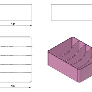 May include: A pink plastic storage box with four compartments. The box is 13.5 inches wide, 17.6 inches tall, and 14.1 inches long.