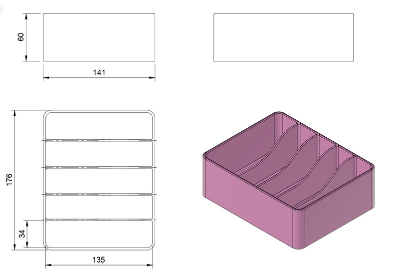 May include: A pink plastic storage box with four compartments. The box is 13.5 inches wide, 17.6 inches tall, and 14.1 inches long.