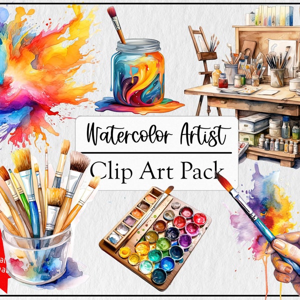 Watercolor Artist Clipart Pack, 14 Transparent PNG Files, Commercial Use License, Digital Download, Paint Brushes, Palettes, Art Supplies