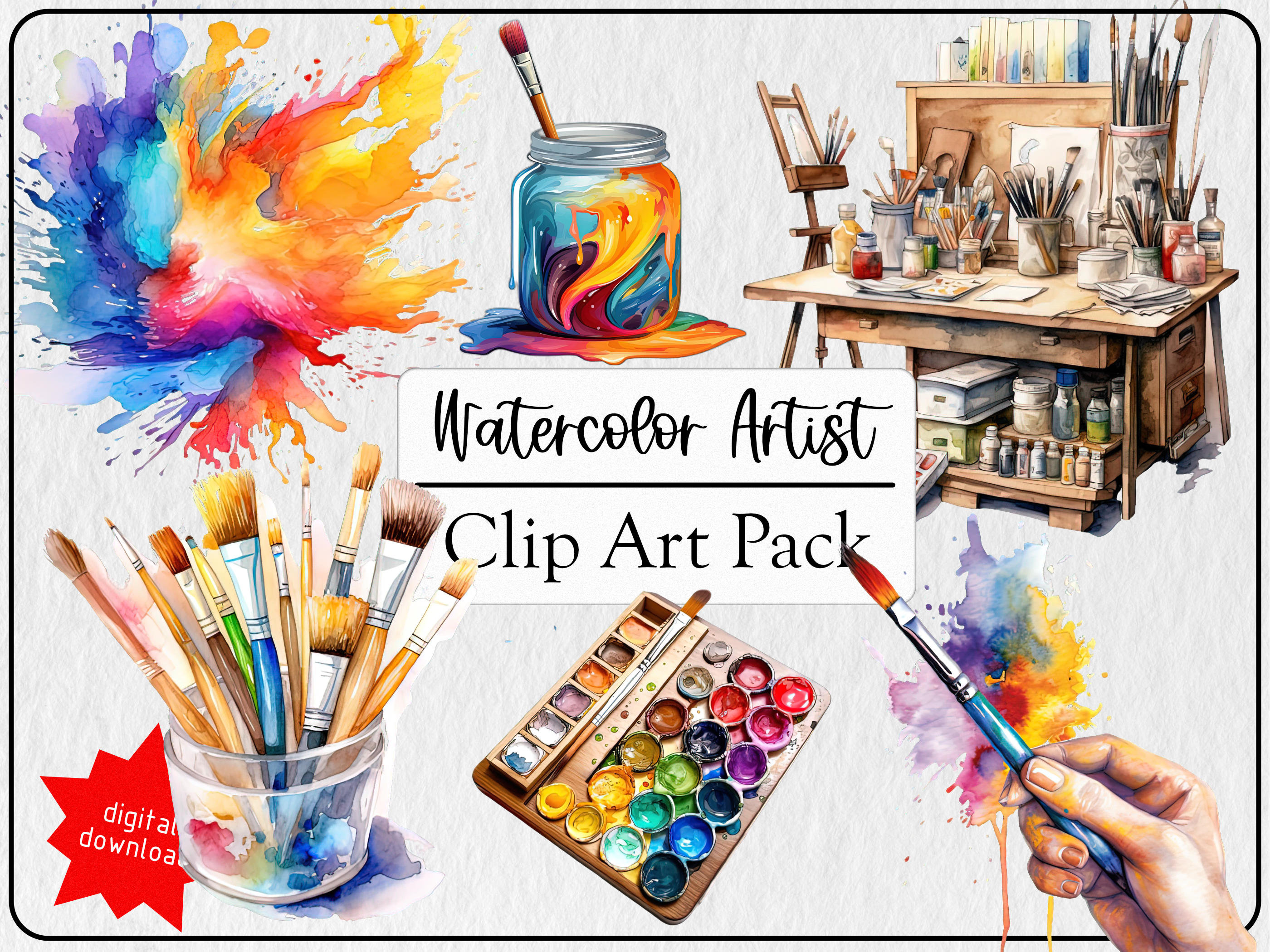 Watercolor Paint Brush Clipart Art Supplies Download Instant Download  Watercolor Rainbow Paint Brushes 