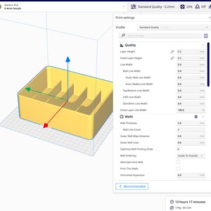 May include: A 3D model of a yellow box with multiple compartments, displayed in a 3D modeling software. The software interface shows the print settings for the model, including layer height, line width, and wall thickness. The estimated print time is 13 hours and 17 minutes.