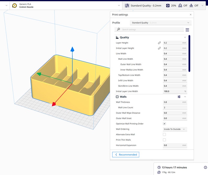 May include: A 3D model of a yellow box with multiple compartments, displayed in a 3D modeling software. The software interface shows the print settings for the model, including layer height, line width, and wall thickness. The estimated print time is 13 hours and 17 minutes.