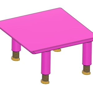 May include: A pink square table with four adjustable legs. Each leg has a gold spring.