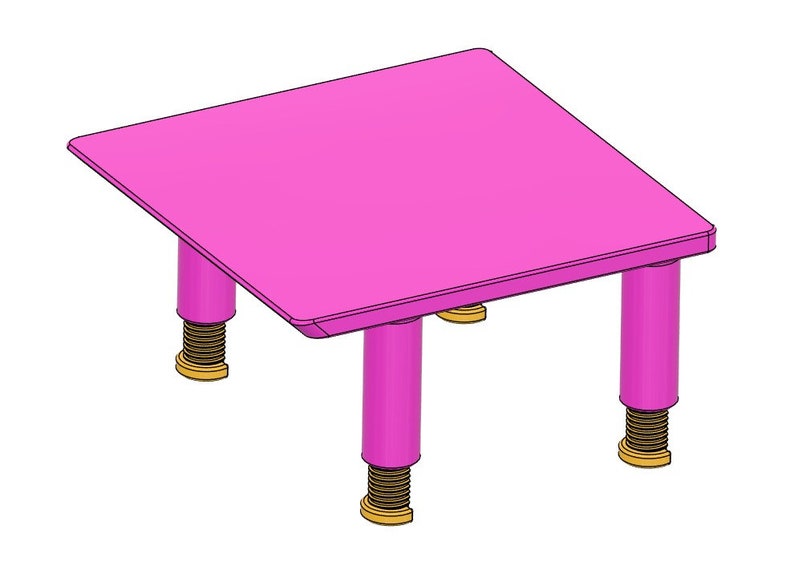 May include: A pink square table with four adjustable legs. Each leg has a gold spring.