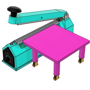 May include: A teal and black heat sealer with a pink platform and four adjustable legs. The sealer has a dial to adjust the temperature.