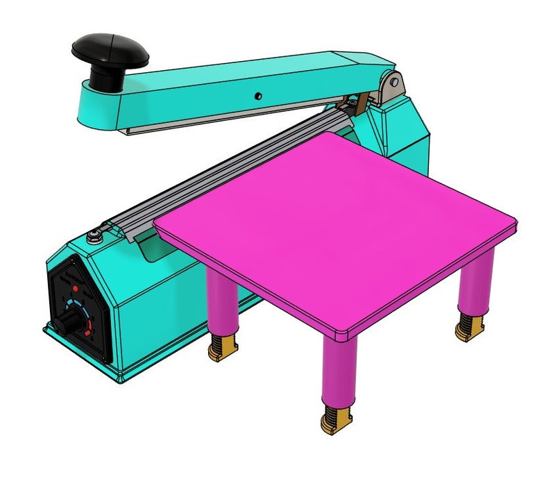 May include: A teal and black heat sealer with a pink platform and four adjustable legs. The sealer has a dial to adjust the temperature.