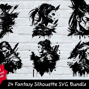 ファンタジー シルエット SVG - 24 ファンタジー シルエット ポートレートの DnD SVG バンドル - ファンタジー グラビア SVG ダテイ グローフォージ SVG