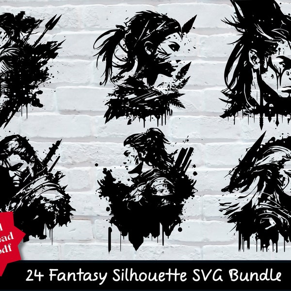 Fantasy Silhouette SVG - DnD svg Bundle von 24 Fantasy Silhouette Portraits - Fantasy Gravur SVG Datei Glowforge SVG