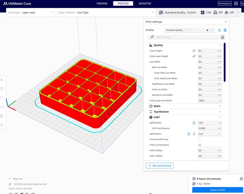 May include: A 3D model of a red plastic organizer with 16 compartments. The model is shown in a 3D printing software program with settings for layer height, wall thickness, infill density, and other parameters. The software interface shows a print time of 9 hours and 24 minutes.