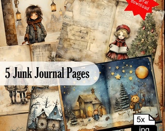 Whimsical Christmas Junk Journal Pages, Xmas Scrapbook Page, Printable Paper, Collage Sheet, Junk Journal Kit Digital Download