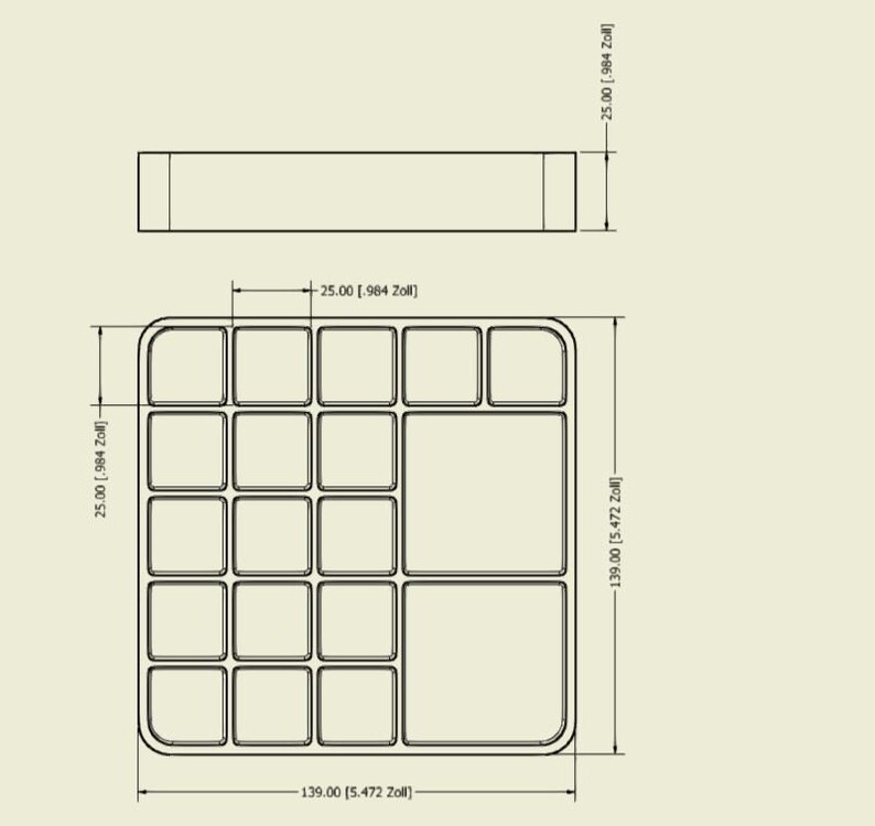 May include: Technical drawing of a rectangular tray with multiple square and rectangular compartments. The tray is 139 mm (5.472 inches) long and 25 mm (0.984 inches) high. The drawing includes dimensions in inches and the German unit "Zoll".