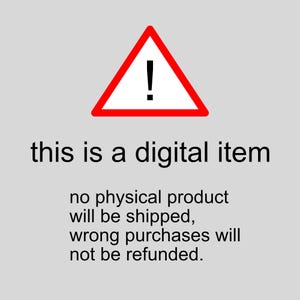 May include: A red triangle warning sign with an exclamation point inside. The text below reads: "this is a digital item no physical product will be shipped, wrong purchases will not be refunded."