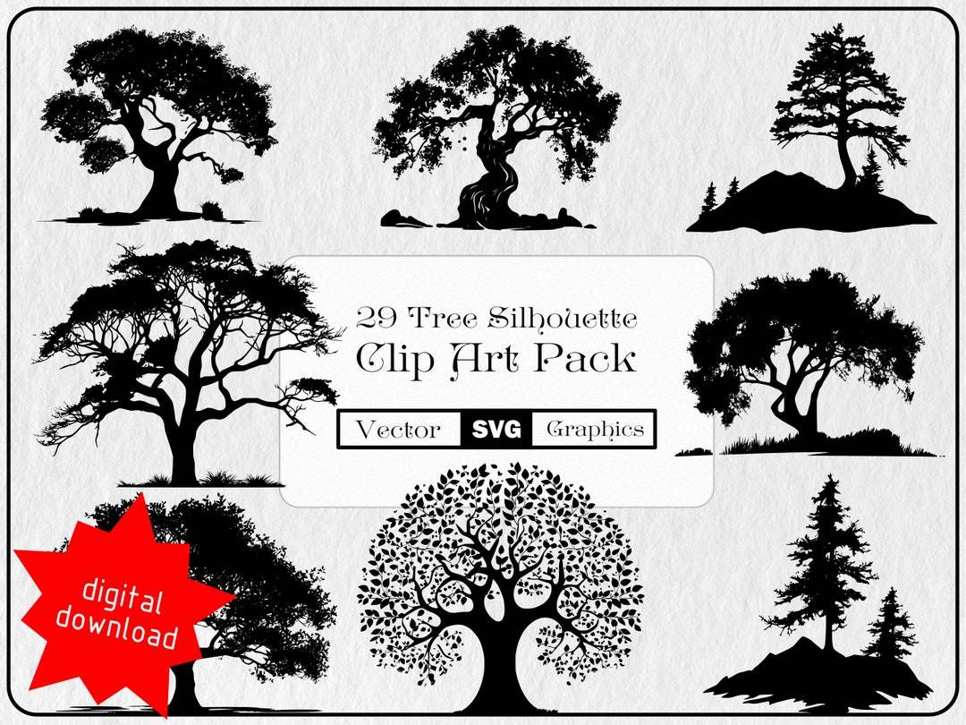 Tree Silhouette SVG Bundle, 29 Detailed Vector Trees Clipart, Print on ...