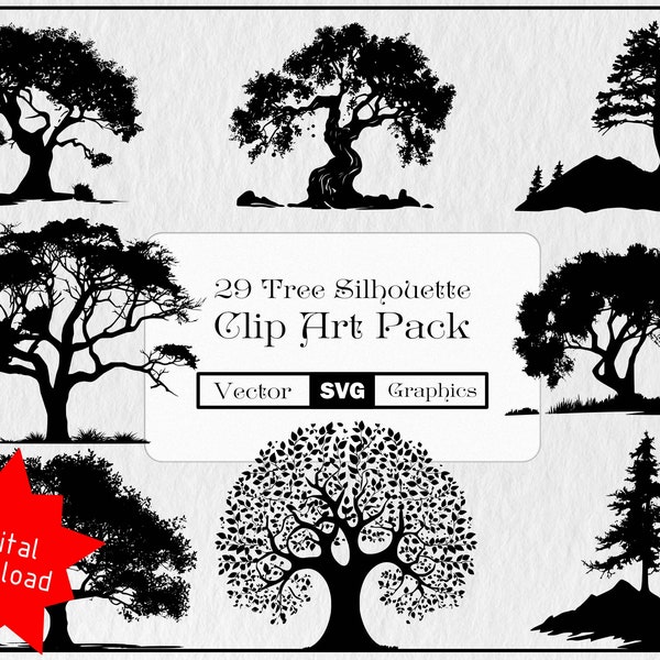 Tree Silhouette SVG Bundle, 29 Detailed Vector Trees Clipart, Print on Demand Designs, Engraving Files, DIY Crafts, Digital Download