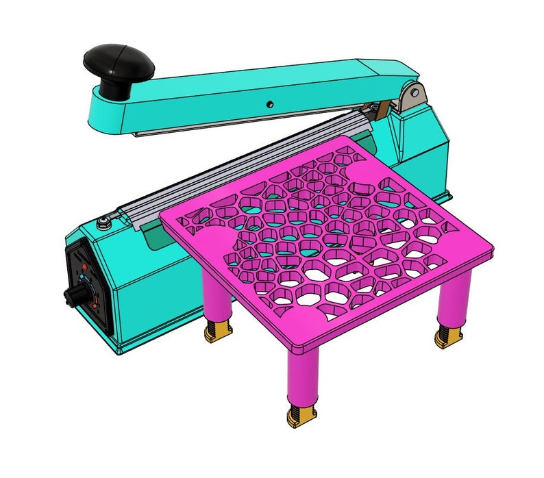 May include: A teal and black heat sealer with a pink honeycomb-patterned stand. The stand has four legs and is about 10 inches tall.